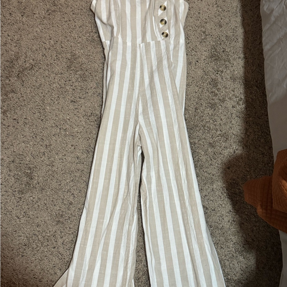 Japna Beige and White Striped Jumpsuit